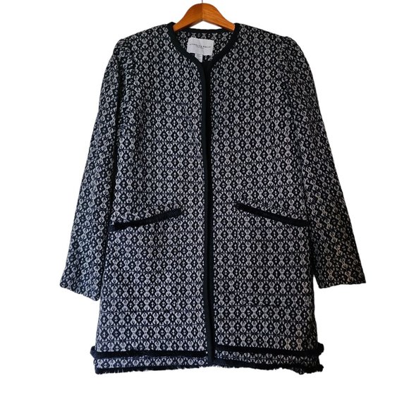Carolina Belle Montreal Size M Medium Blue White Printed Tweed Duster Open Coat - Picture 3 of 14